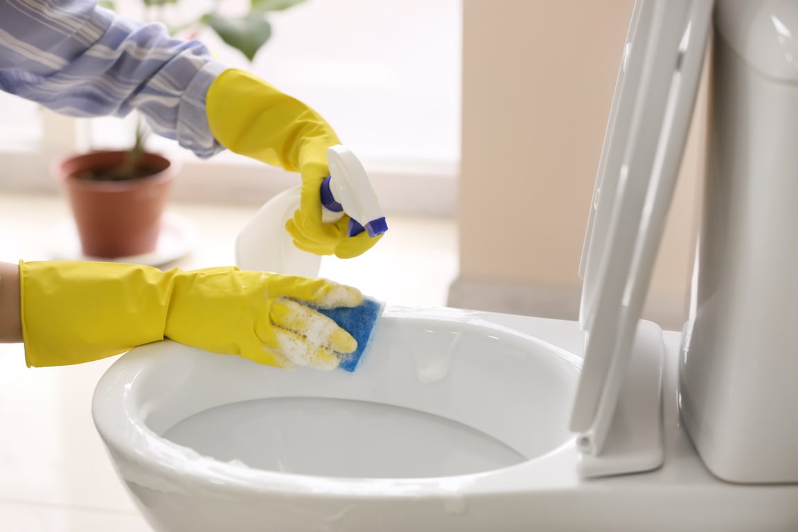 Woman Cleaning Toilet Bowl in Bathroom